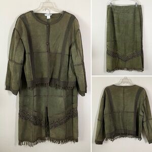VINTAGE Suede Jacket & Skirt Set Crochet Western Cowgirl Boho Olive Green 2X